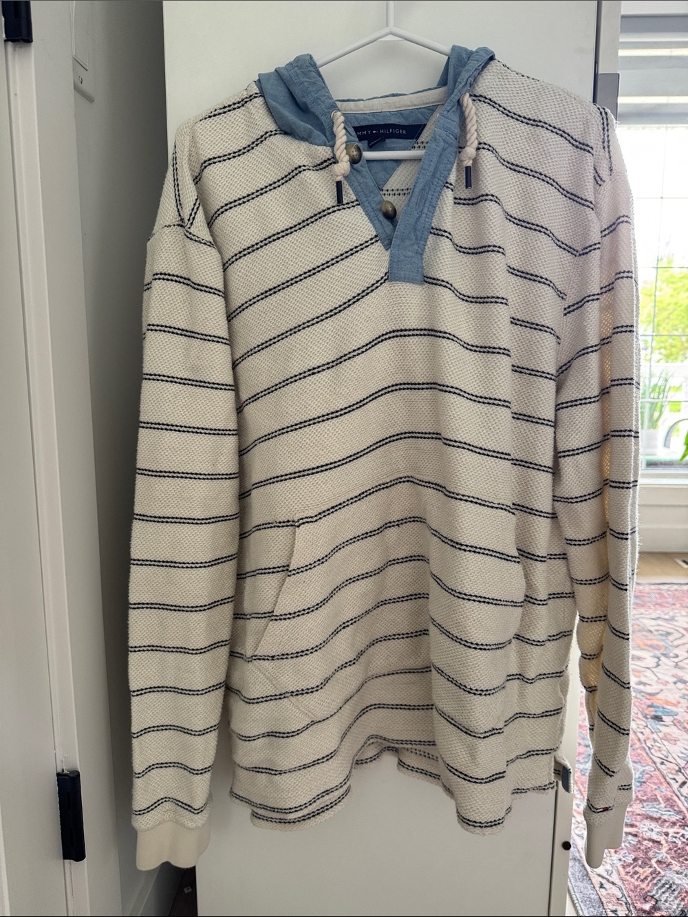 Tommy Hilfiger Cream and Blue Striped Crewneck Hooded Sweater